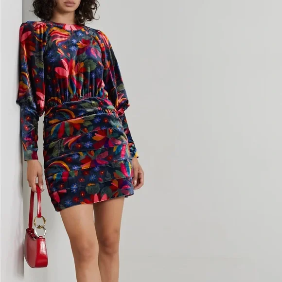 knee length dresses for ladies Blue Floral Glam Scarf Velvet Mini Dress – FARM Rio